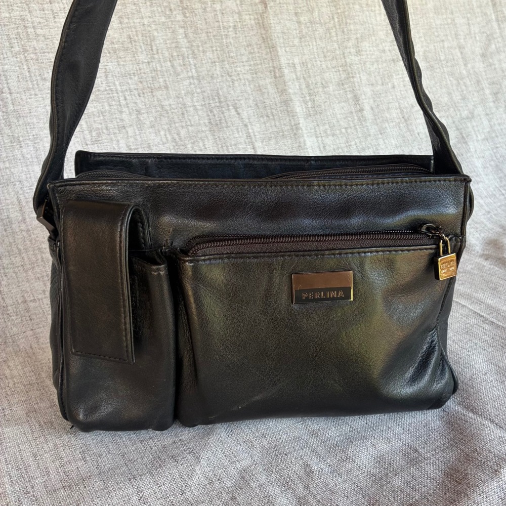 Vtg Perlina New York Black Leather Organizer Shoulder Bag Crossbody Multi-Pocket